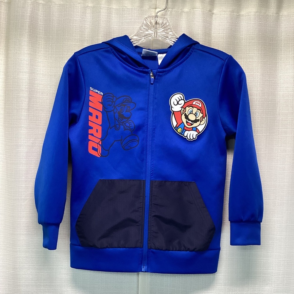 Super Mario Kids Blue Zip Up Hoodie Jacket Size 8 Nintendo Gamer Casual School